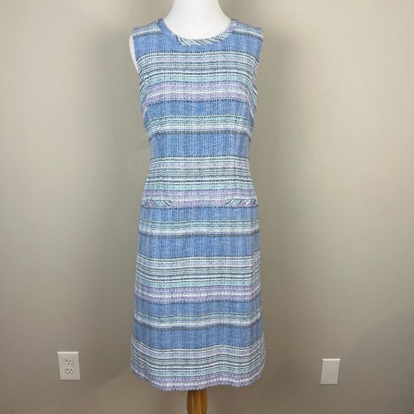Talbots Tweed Dress 6 Blue Stripe Sheath Sleeveless Lined Career Office - Picture 1 of 12